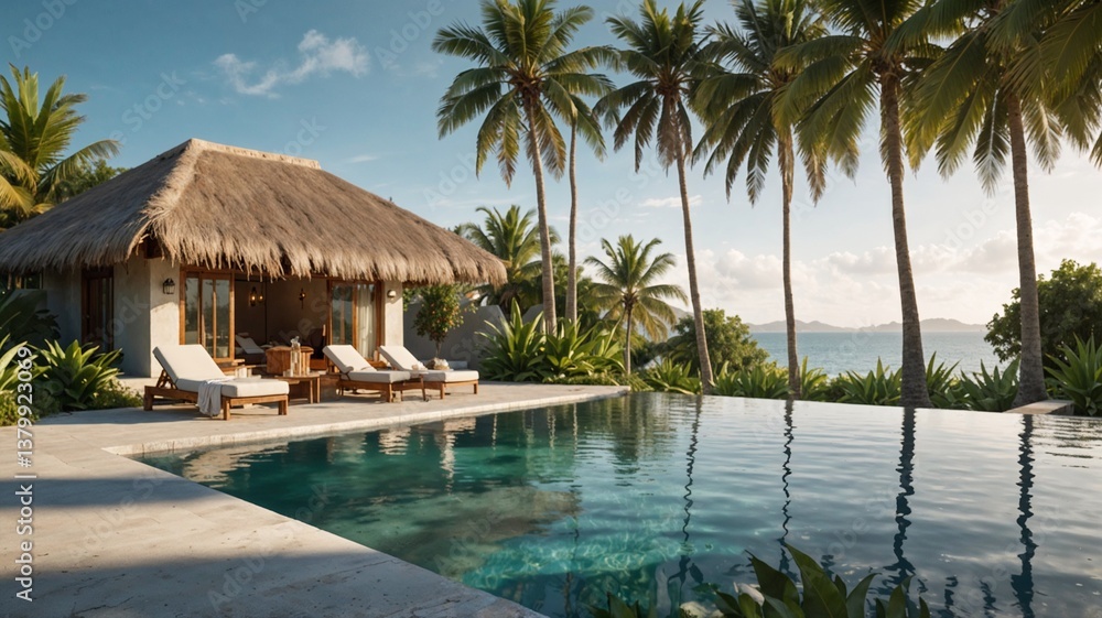A beautiful beach house with a pool and palm trees in the background A beautiful beach house with a pool and palm trees in the background