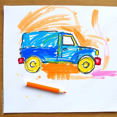 A vibrant blue pickup truck drawing, by kindergarten color pencils, on white paper.