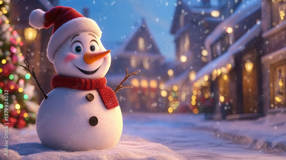Obraz premium A Smiling Snowman Wearing Hat And Scarf During Winter Snowfall