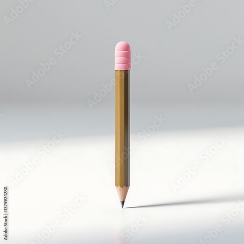 A poised pencil, ready to write a new story, with a soft pink eraser and subtle lighting on a clean white background.
