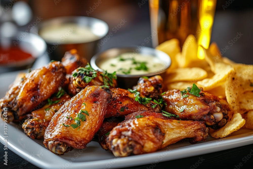 A plate of juicy chicken wings served with crispy chips and a refreshing glass of beer A plate of juicy chicken wings served with crispy chips and a refreshing glass of beer