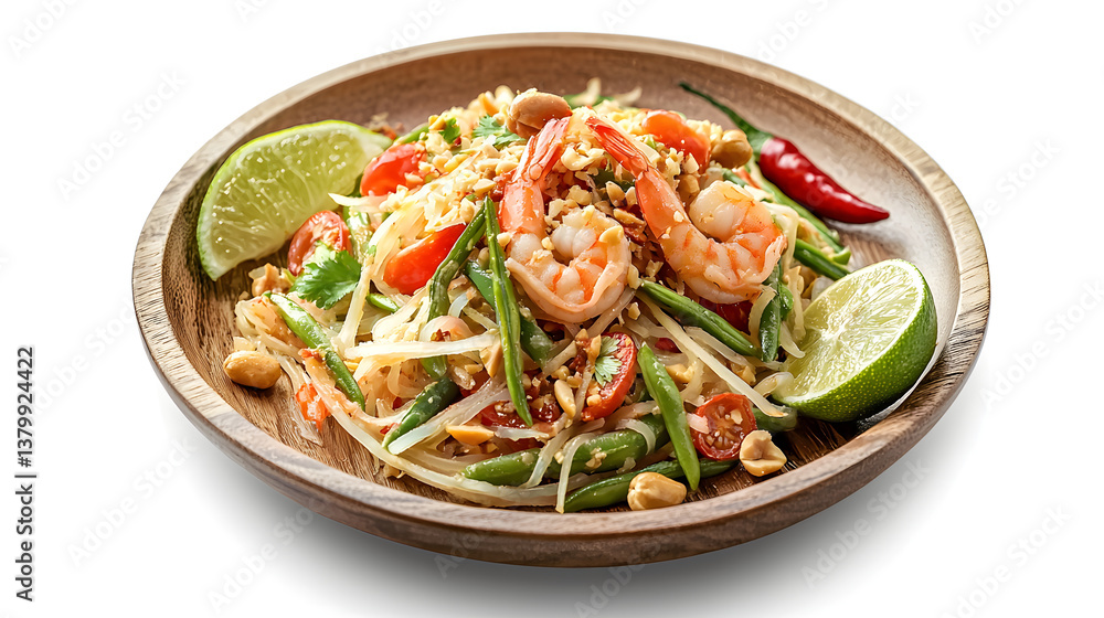 Delicious shrimp salad featuring fresh vegetables, lime, and peanuts, served in wooden bowl. This vibrant dish is perfect for light meal or appetizer, bursting with flavor and color Delicious shrimp salad featuring fresh vegetables, lime, and peanuts, served in wooden bowl. This vibrant dish is perfect for light meal or appetizer, bursting with flavor and color
