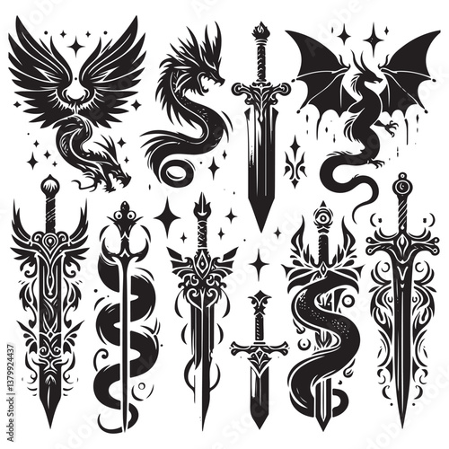 Fantasy sword tattoo set vector, vector linocut magic blade, dragon wings, fairy tale silhouette collection. Mystic legend snake print, spiritual medieval logotype, witchcraft sign.