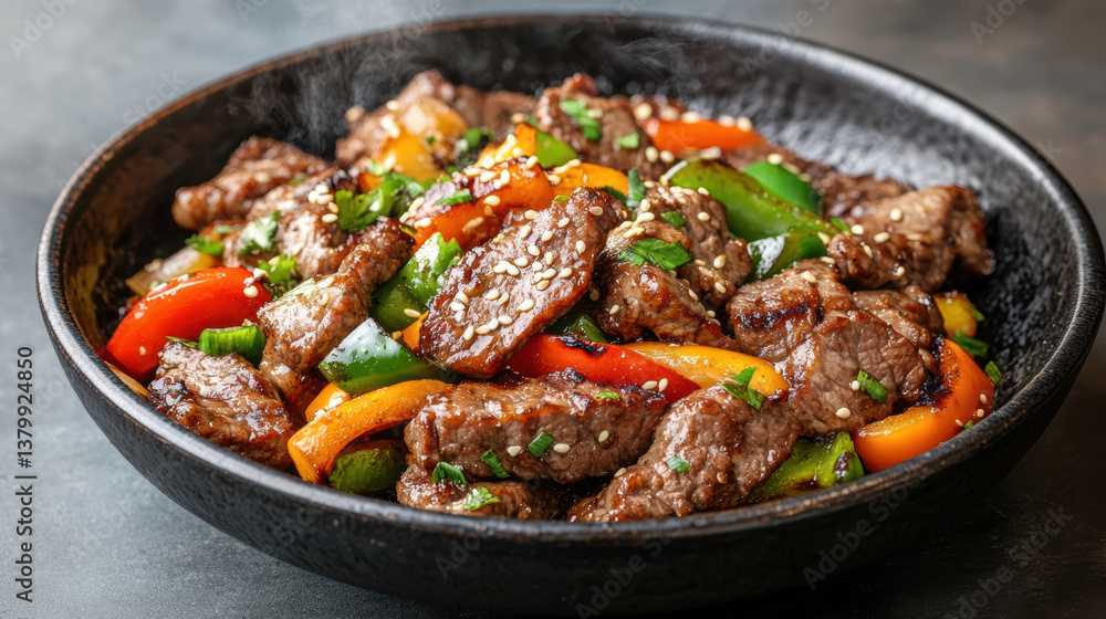 Delicious grilled beef with colorful vegetables, garnished with sesame seeds, creates vibrant Delicious grilled beef with colorful vegetables, garnished with sesame seeds, creates vibrant