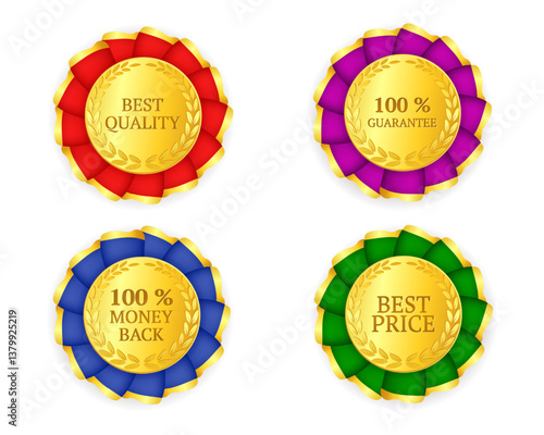 set of gold awards, medals with quality and originality guarantee with multi-colored ribbons