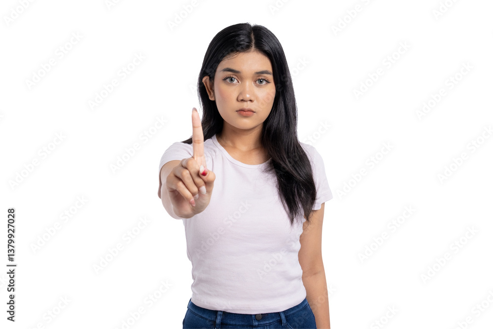 Serious young Asian woman pointing with finger in the air, showing one, isolated on transparent background Serious young Asian woman pointing with finger in the air, showing one, isolated on transparent background