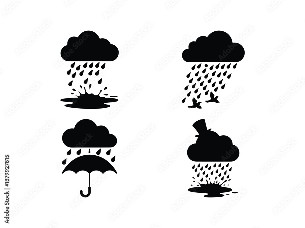 Rain and Clouds Silhouettes Vector - Weather and Storm Design Rain and Clouds Silhouettes Vector - Weather and Storm Design