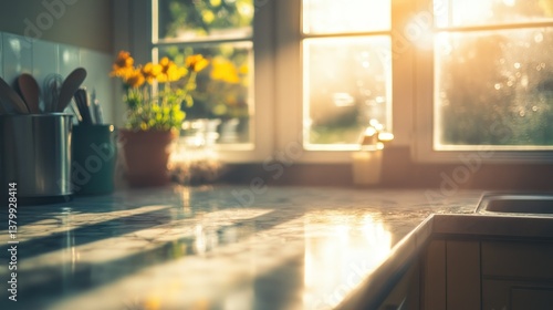 Bright kitchen interior featuring a window and sunny counter top