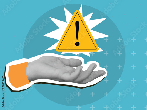 Black and white hand holding a yellow warning sign with Exclamation mark. Modern collage style. Vector illustration