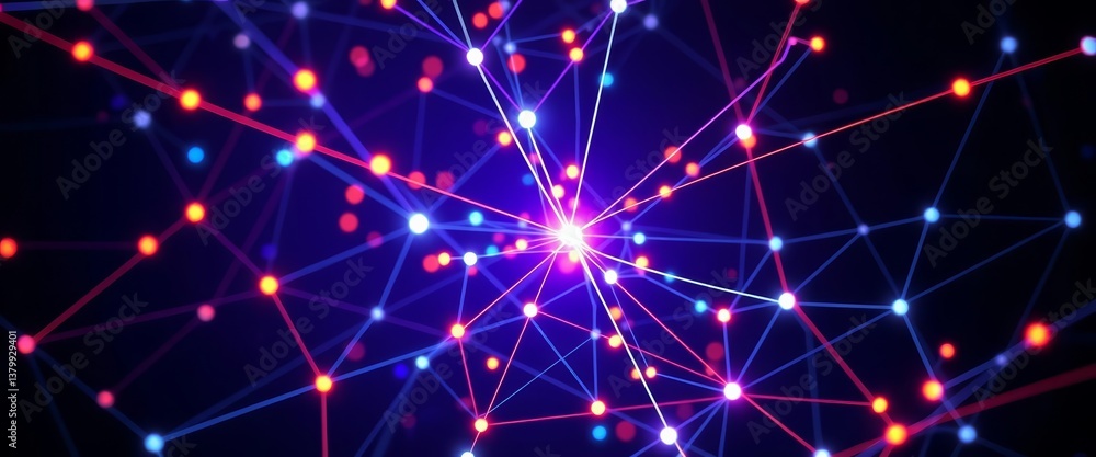 Abstract network of glowing lines and nodes forming complex patterns on dark background, visualization, analytics Abstract network of glowing lines and nodes forming complex patterns on dark background, visualization, analytics