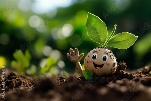 Cute cartoon seedling character with happy face and green leaves growing in soil.