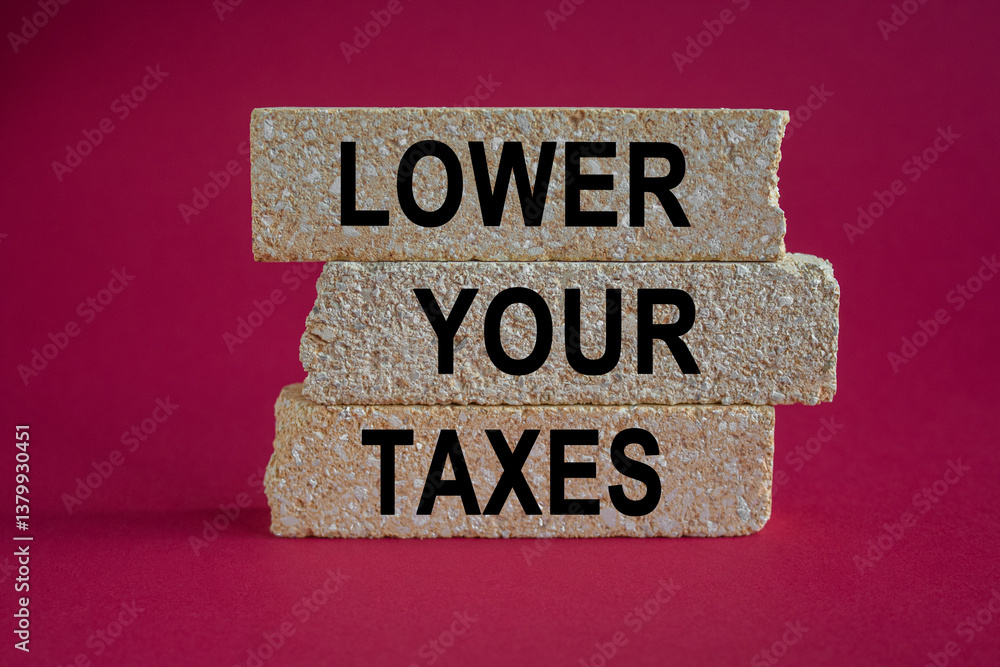 Lower your taxes symbol. Concept words Lower your taxes on brick blocks on a beautiful red background. Business tax lower your taxes concept. Copy space.