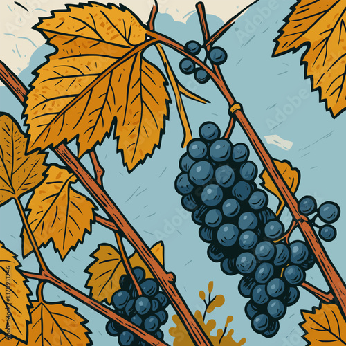 Grapevine with Ripe Grapes and Fall Leaves Illustration Pattern