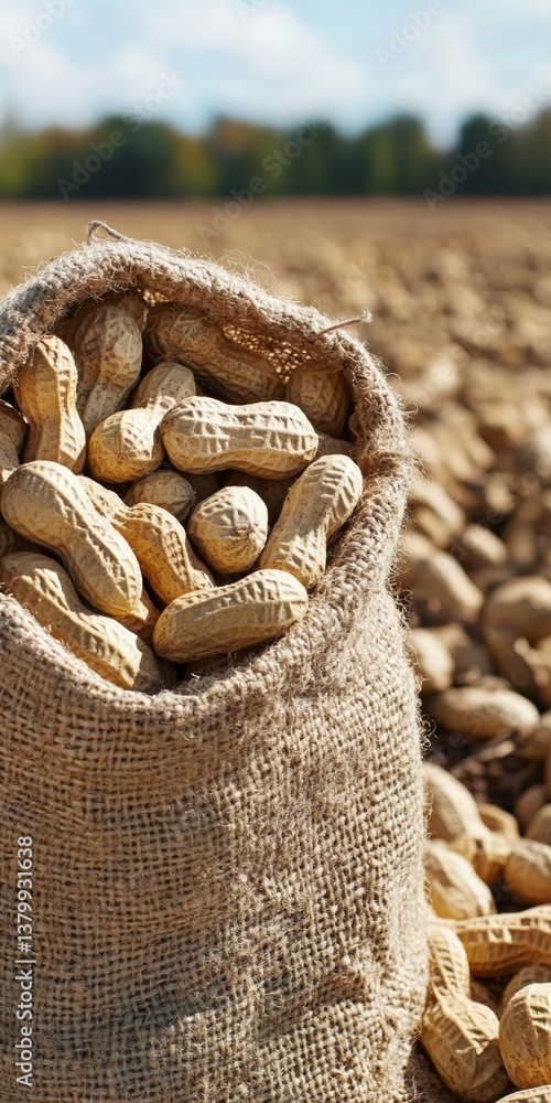 Obraz premium Burlap Sack Filled with Freshly Harvested Peanuts in a Peanut Field, Agriculture Background