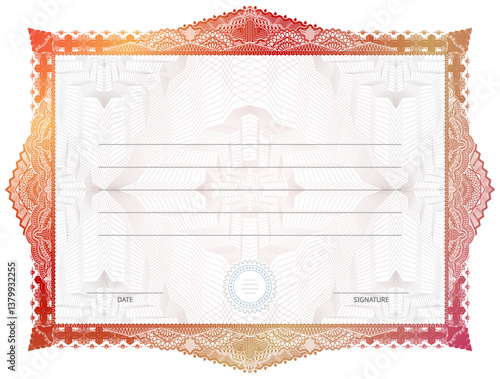Certificate template with guilloche elements. Red diploma border design for personal conferment. Vector illustration for award, patent, validation, license, education, authentication, achievement, etc