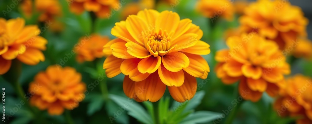 Close up shot of vibrant marigold flowers in shades of bright yellow and deep orange, with delicate petals and lush green leaves, foliage, flowers Close up shot of vibrant marigold flowers in shades of bright yellow and deep orange, with delicate petals and lush green leaves, foliage, flowers
