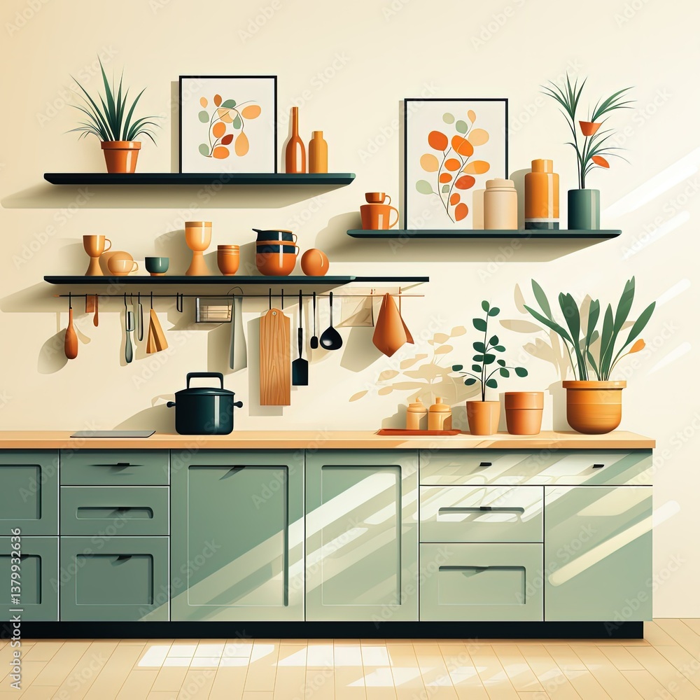 Stylish Contemporary Kitchen with Sleek 2D Flat Design Stylish Contemporary Kitchen with Sleek 2D Flat Design