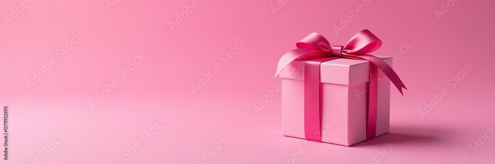 Obraz premium Single pink gift box with shiny ribbon and bow, packaging, deco, present