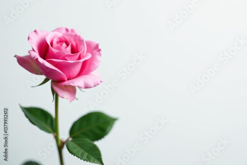 Single delicate pink rose blossom on white background, botanical, vibrant
