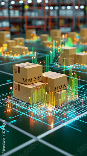 Digital Distribution Hub: Packages and data lines illuminate the cutting-edge world of logistics, showcasing modern warehousing with glowing technology and data visualization.