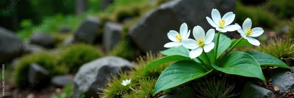 Fototapeta premium Cluster of white trillium flowers with green leaves on a rocky backdrop, spring, forest