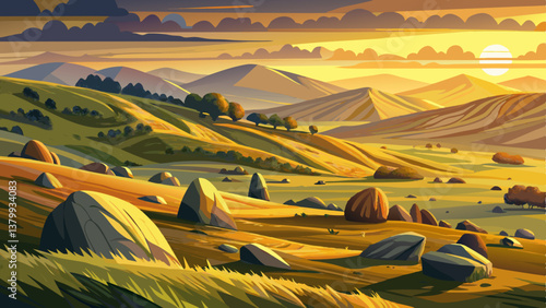 Vast rolling hills of the Romanian countryside with scattered boulders under a golden sunset, beautiful countryside landscape