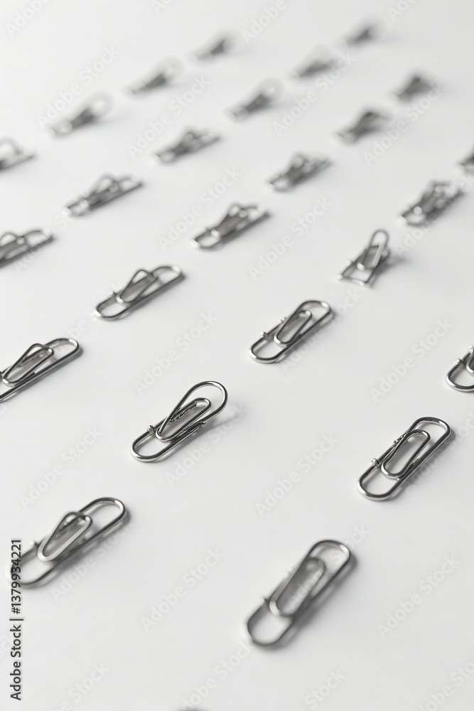 Collection of shiny metallic paper clips arranged neatly on a white sheet, realistic 3D rendering for office supplies concept, organization, arrangement Collection of shiny metallic paper clips arranged neatly on a white sheet, realistic 3D rendering for office supplies concept, organization, arrangement