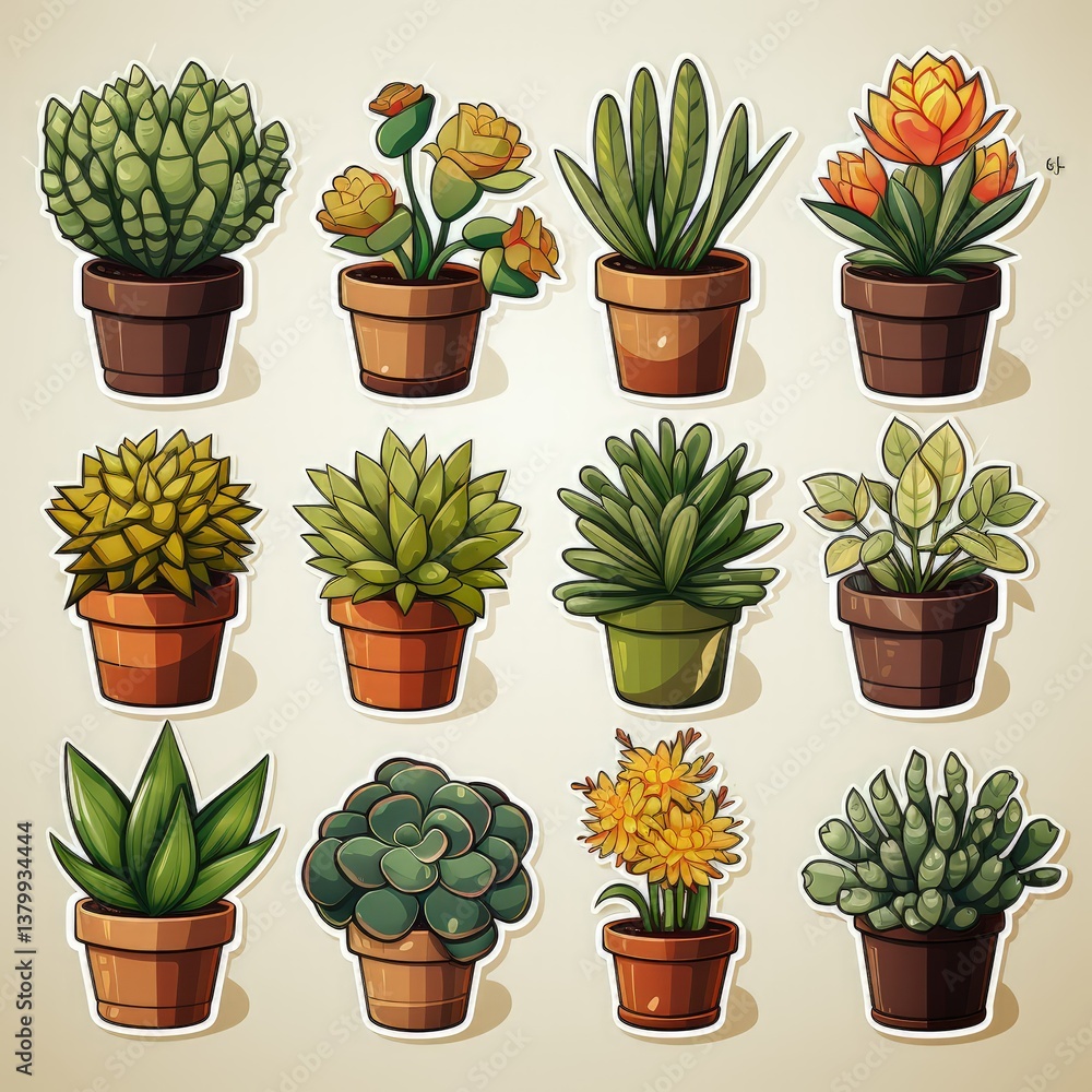 Botanical Sticker Sheet Featuring Flat Plant Designs Botanical Sticker Sheet Featuring Flat Plant Designs