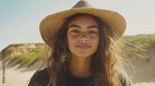 Fototapeta Naklejka Na Ścianę i Meble -  A young woman smiles in a wide-brimmed straw hat on a sunny beach, with sparkling waves and sandy dunes creating a warm, inviting atmosphere for relaxation