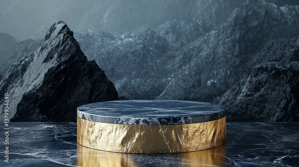 A marble and gold podium against a backdrop of rugged mountains in a moody and dramatic setting A marble and gold podium against a backdrop of rugged mountains in a moody and dramatic setting