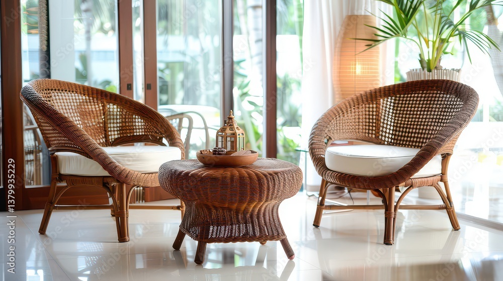 Fototapeta premium Compact Rattan Chairs with Cushions in Living Room 