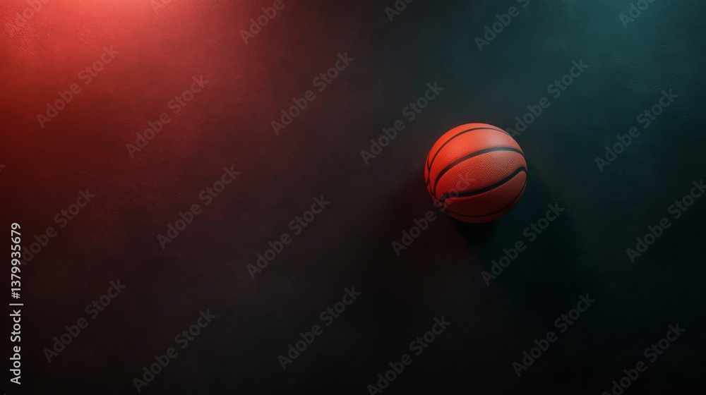 Fototapeta premium A single basketball rests on a textured dark surface with dramatic lighting creating shadows that enhance its features and texture, offering ample copy space