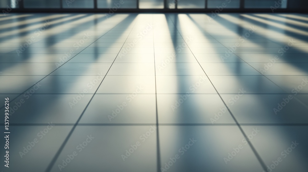 Obraz premium Sunlight streams through a minimalist white interior, casting bold shadows on the sleek floor tiles, enhancing the clarity and depth of the space