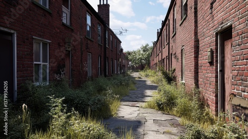 Realistic architectural rendering of a dilapidated manchester terraced alley with aged brick homes