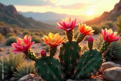 Colorful cactus flowers in full bloom under the desert sun, surrounded by prickly green plants,  exotic,  southwestern