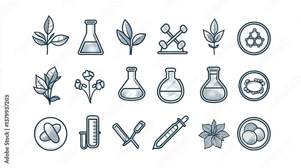 Fototapeta premium Collection of botanical and scientific icons including leaves flasks and laboratory equipment elements