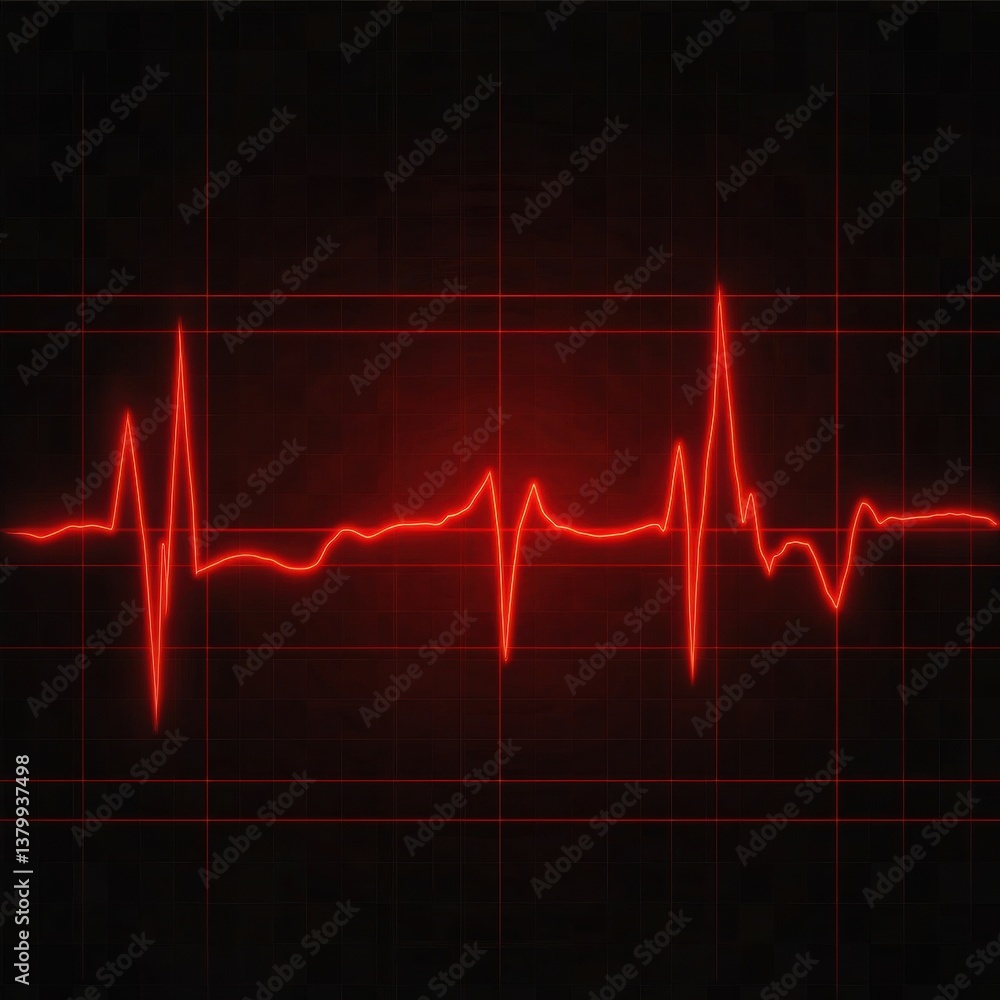 Heartbeat Visualization in Red Color on Black Background with Grids Indicating Vital Sign Measurements and Medical Data Representation Heartbeat Visualization in Red Color on Black Background with Grids Indicating Vital Sign Measurements and Medical Data Representation