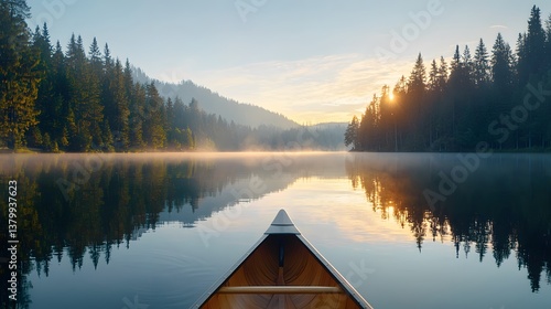 Fototapeta Naklejka Na Ścianę i Meble -  Serene sunrise canoeing at a misty lake a tranquil nature view