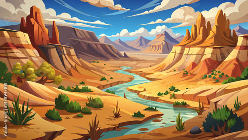 A desolate dry valley with deep canyons and scattered desert shrubs in the arid land