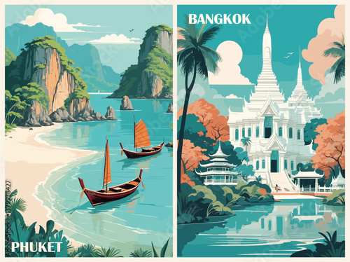 Set of Thailand travel destination posters in retro style. Phuket, Bangkok exotic landscape prints. Vector art illustrations