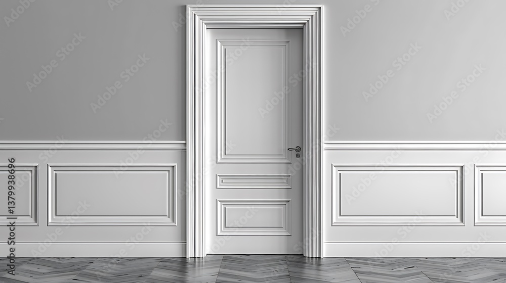 custom made wallpaper toronto digitalElegant White Door in a Classic Gray Room with Wainscot Paneling and Herringbone Floor