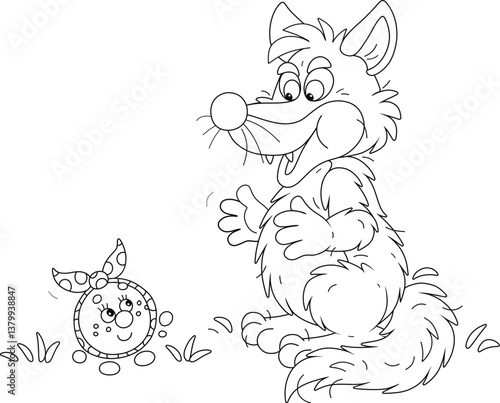 Big hungry wolf and cheerful freshly baked round loaf Kolobok talking on a path in a thicket of a fairytale forest, black and white outline vector cartoon illustration for a coloring book