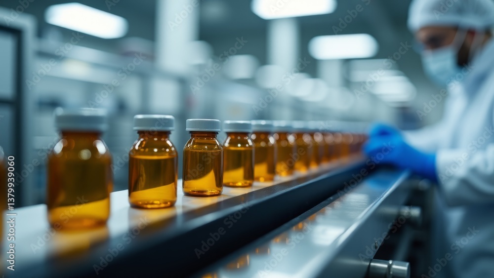 Pharmaceutical Production Line- Vials and Worker Pharmaceutical Production Line- Vials and Worker