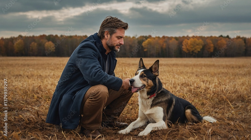 A thoughtful man with a beard kneels beside his loyal dog in a golden field surrounded by autumn trees. A thoughtful man with a beard kneels beside his loyal dog in a golden field surrounded by autumn trees.