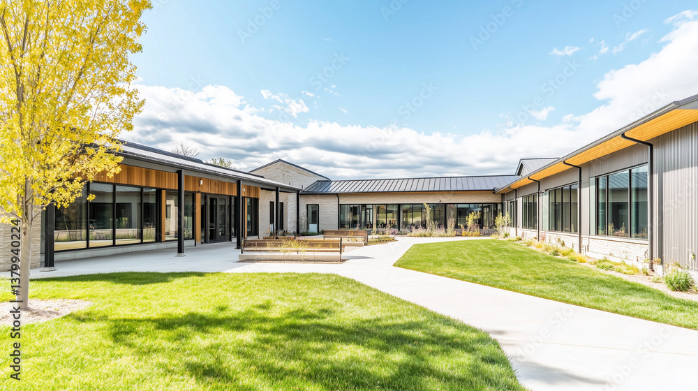 Obraz premium Senior care facility exterior with well-maintained garden and welcoming entrance. Emphasizing comfort and dignity in elderly living environments.