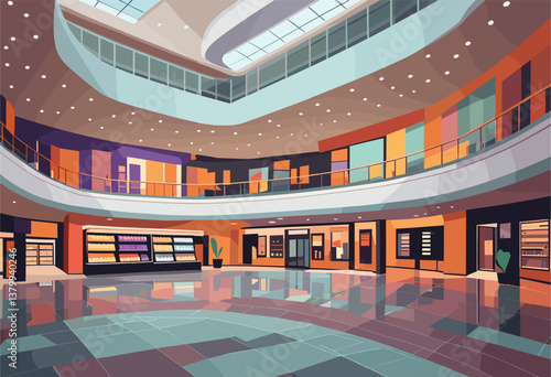 Large modern empty shopping mall interior with a lot of boutiques, stores. Vector colorful illustration in vivid bright color palette