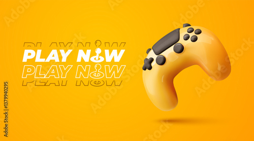 3d glossy game controller on yellow background. Isolated yellow gamepad vector illustration. Modern joystick gaming technology, digital entertainment, esports branding, advertising concept.