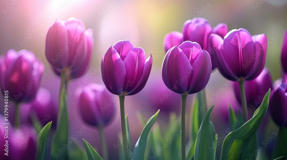 Obraz premium Clusters of vibrant purple tulips bloom amidst lush green foliage, basking in warm sunlight during spring. Nature showcases its beauty in full bloom