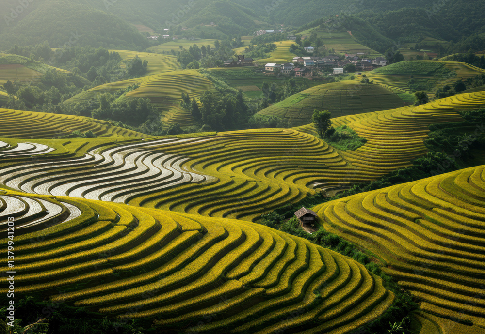 Fototapeta premium Spectacular aerial view of lush, green rice terraces on rolling hillsides in a village