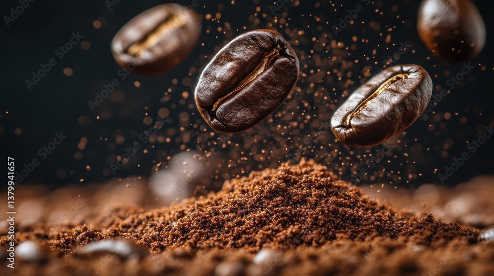 Coffee beans are suspended in mid-air above a mound of finely ground coffee, surrounded by floating particles in a softly lit environment, creating a rich and vibrant atmosphere Coffee beans are suspended in mid-air above a mound of finely ground coffee, surrounded by floating particles in a softly lit environment, creating a rich and vibrant atmosphere